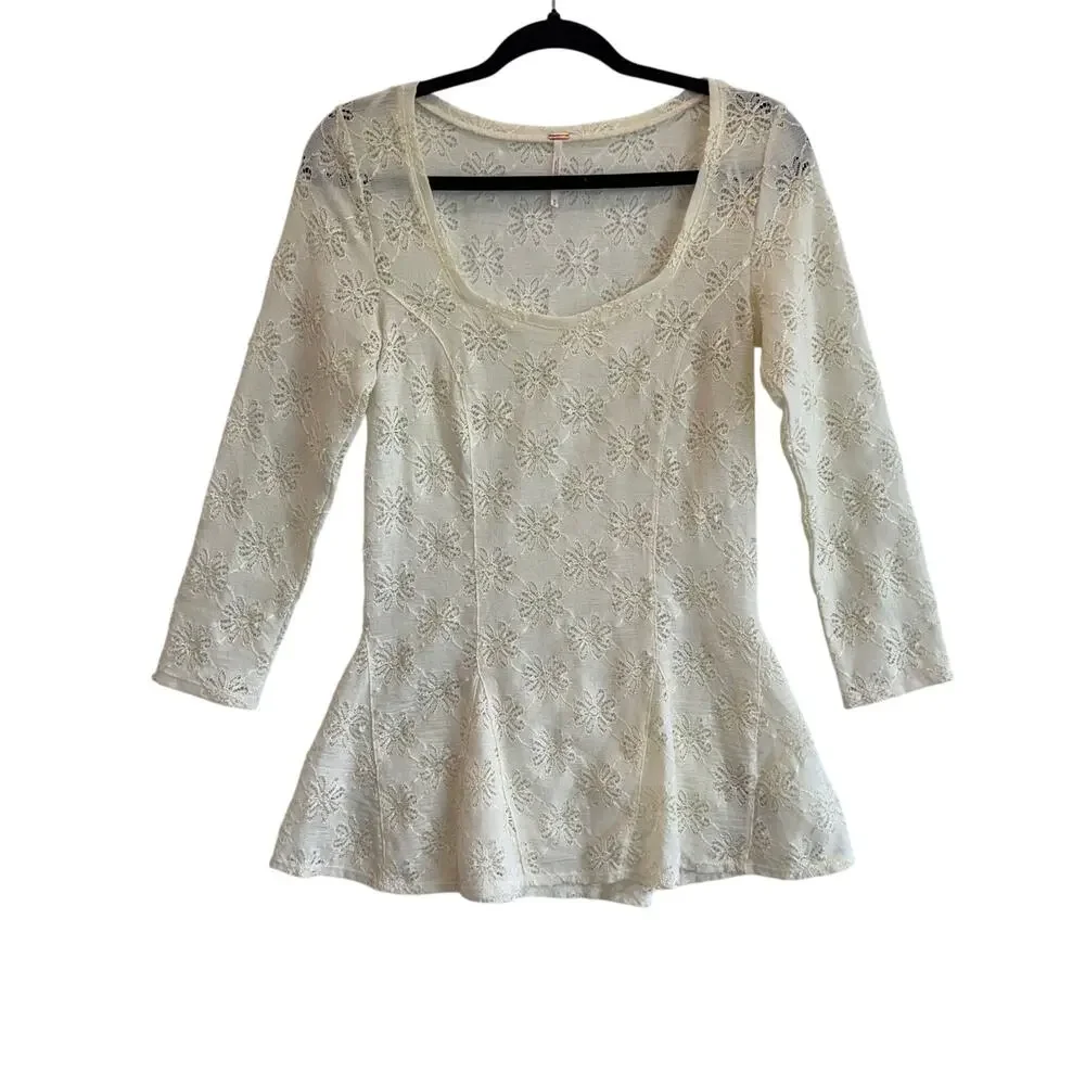 Free People Ivory Lace Tunic Top Medium Floral Sheer Long Sleeve Boho Festival